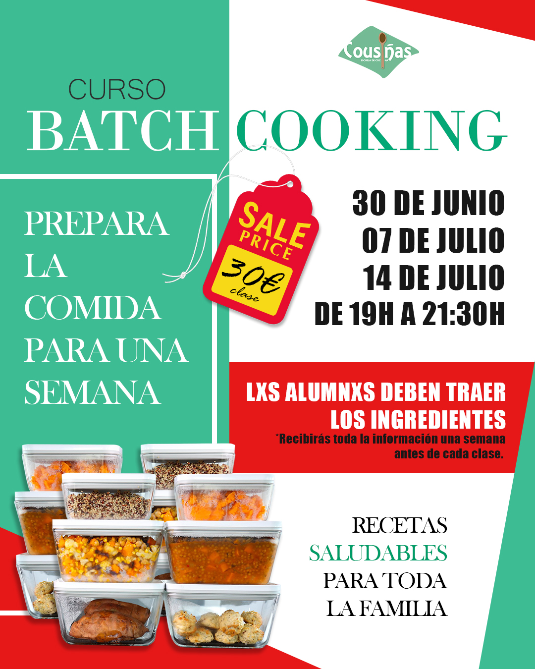 Batch cooking en Pontevedra. Prepara un menú semanal.